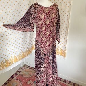 Vintage 1970s Kaiser Boho Maxi Dress | OSFA Cotton Block Print Caftan